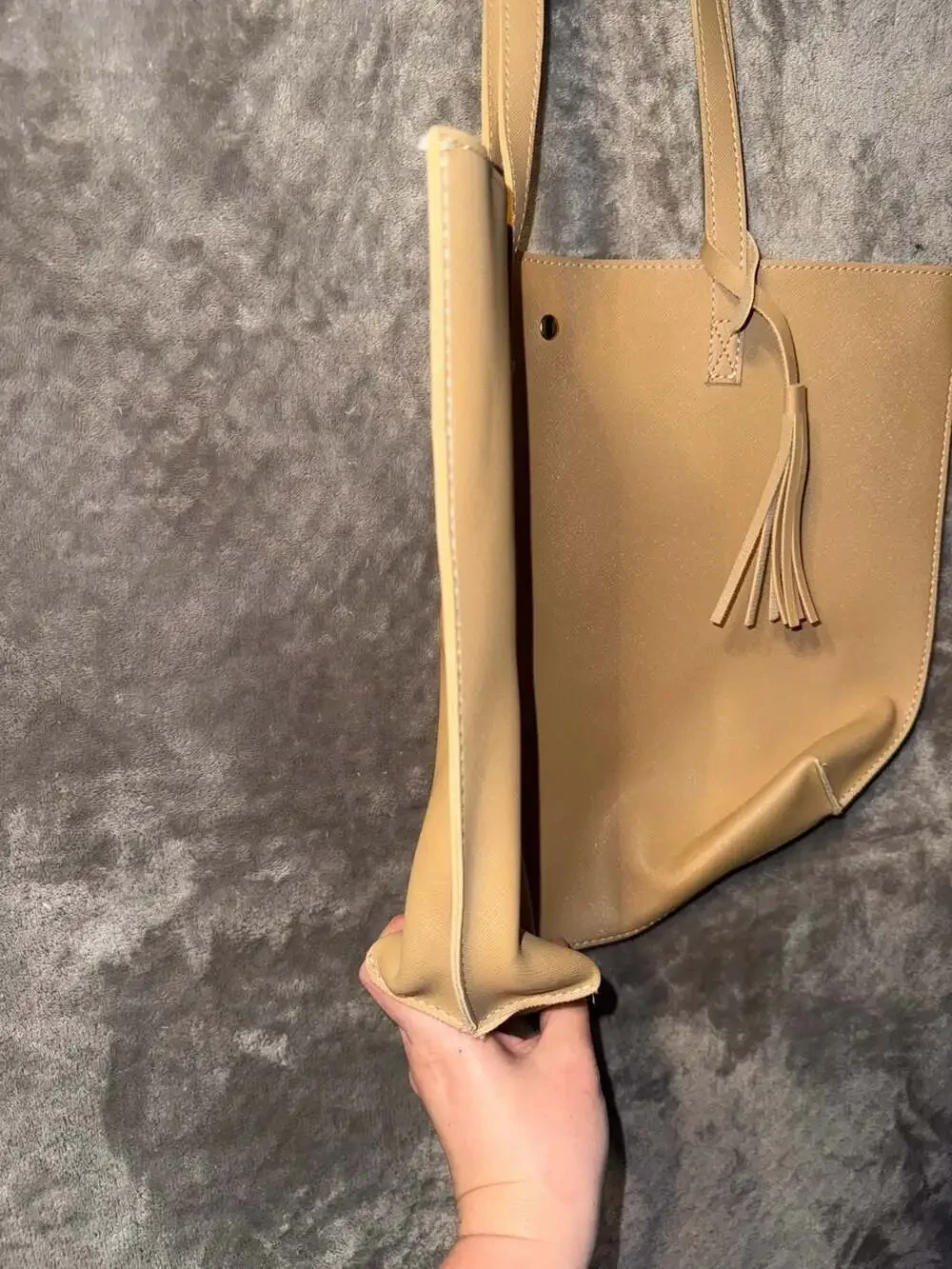 Tan Faux Leather Saffiano Tote Bag with Tassel
